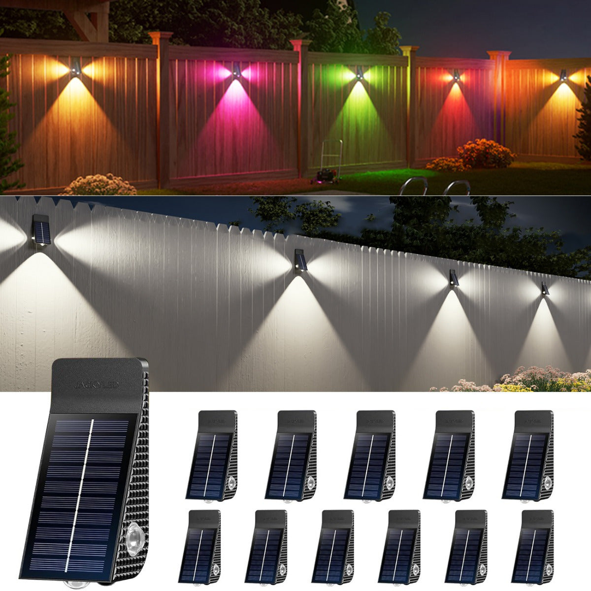 JACKYLED 12-Pack Solar Wall Lights Solar Fence Lights, 3-Side Lighthouse Patterns Solar Powered Outdoor Lights, Waterproof Fence Lights for Outside, Use on The Fence, Deck, Backyard, Wall, Patio Farms Accent Lights