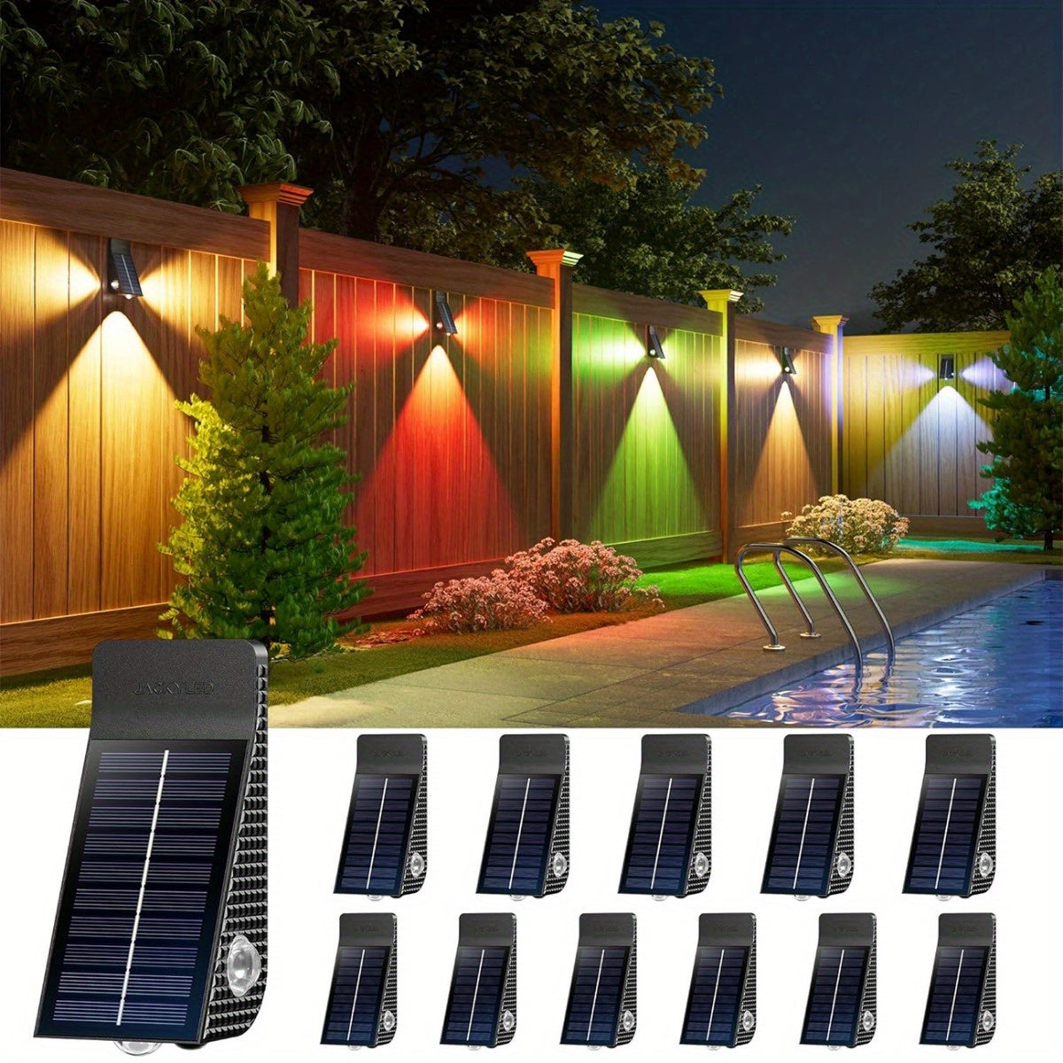 JACKYLED 12-Pack Solar Wall Lights Solar Fence Lights, 3-Side Lighthouse Patterns Solar Powered Outdoor Lights, Waterproof Fence Lights for Outside, Use on The Fence, Deck, Backyard, Wall, Patio Farms Accent Lights