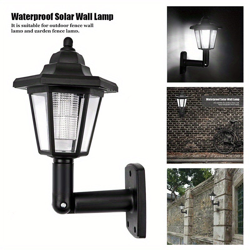 Solar Powered Outdoor LED Wall Sconce Lantern Wall Mounted Security Lights Garden Fence Yard Hexagonal Lamp (White)