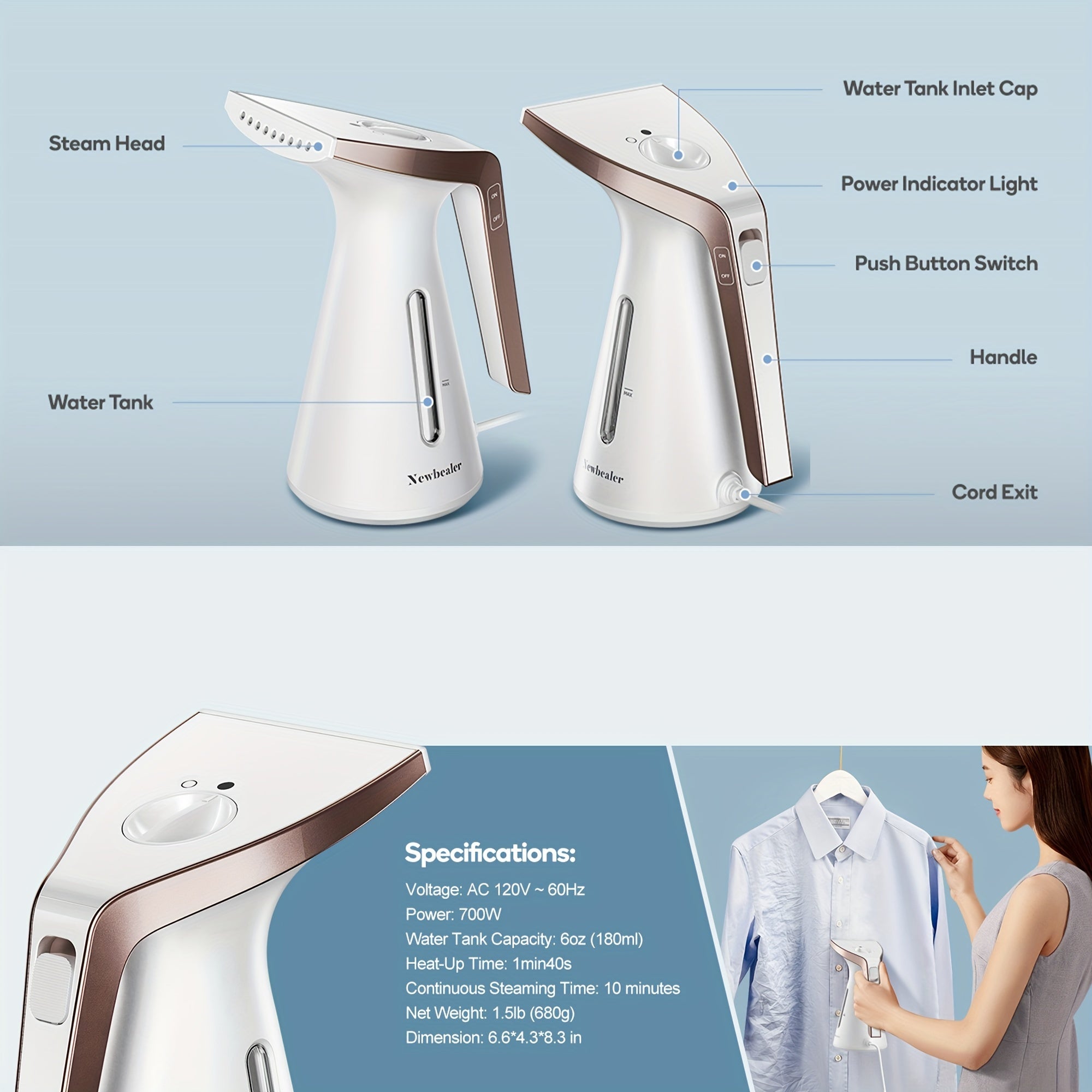 700W Powerful Handheld Steamer for Clothes, Portable Newbealer Steamer with Wrinkle Remover for Home, Office and Travel