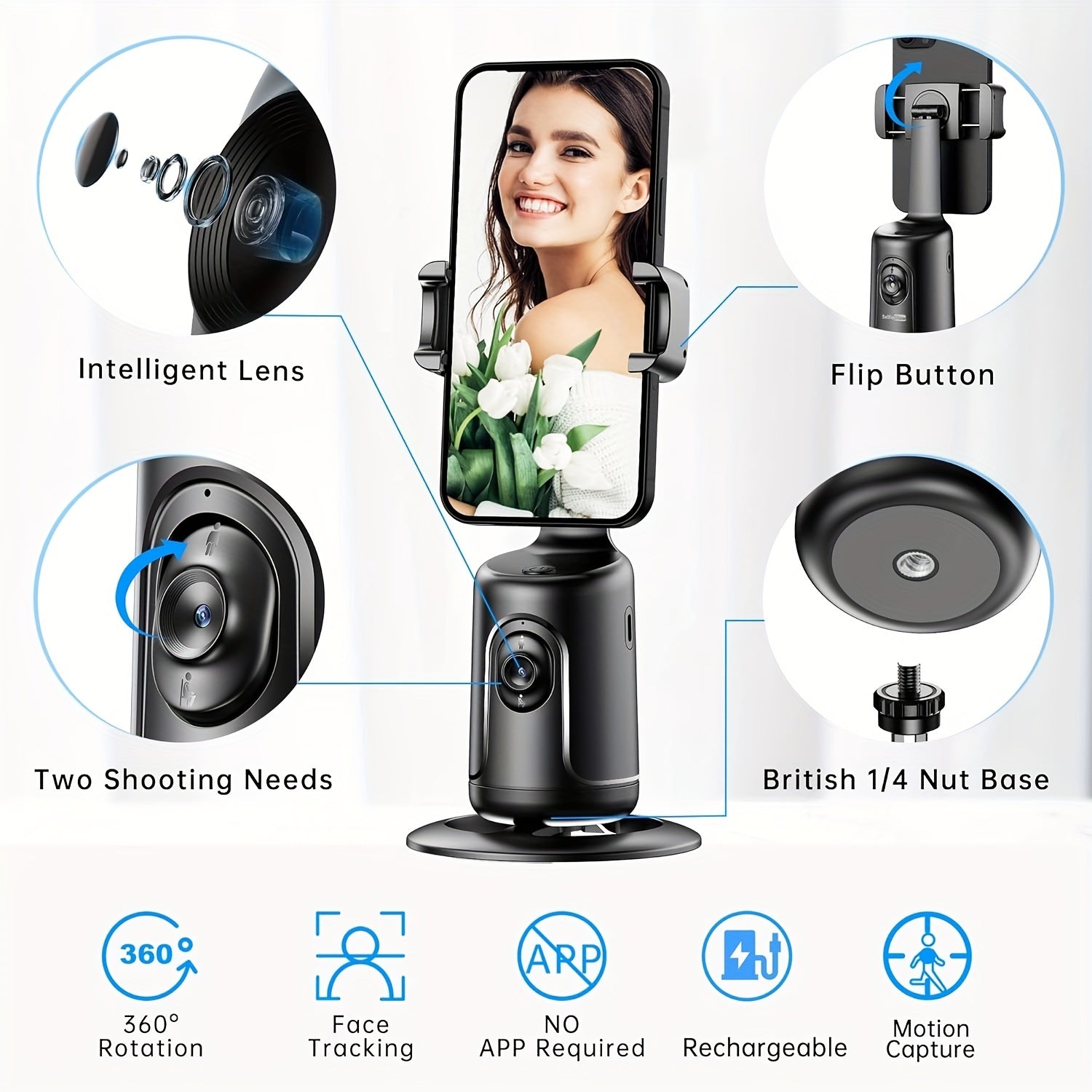 360 Rotation Portable All-in-One Smart Selfie Stick with Fast Face & Object Tracking, Rechargeable Battery, and Real-time Face Tracking for Smart Shooting