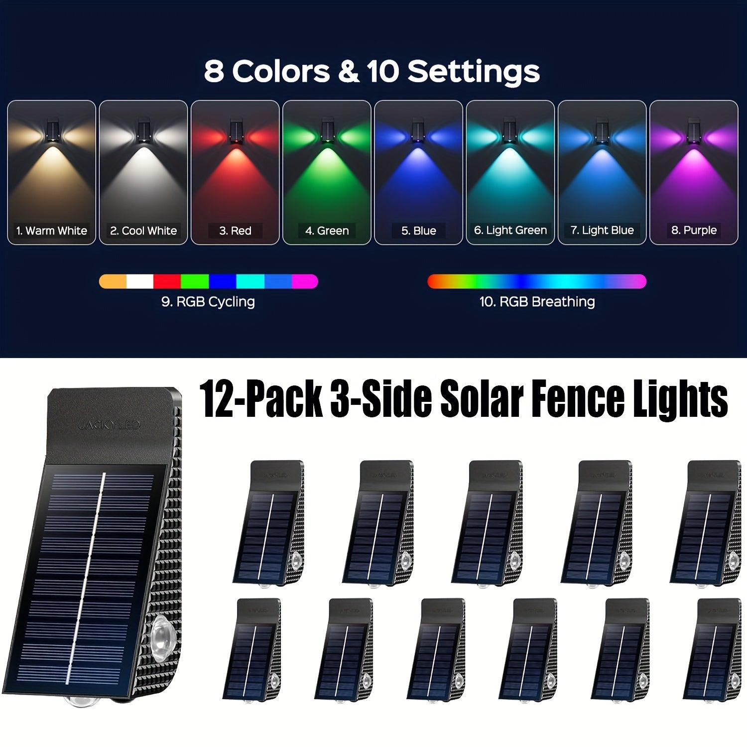 JACKYLED 12-Pack Solar Wall Lights Solar Fence Lights, 3-Side Lighthouse Patterns Solar Powered Outdoor Lights, Waterproof Fence Lights for Outside, Use on The Fence, Deck, Backyard, Wall, Patio Farms Accent Lights