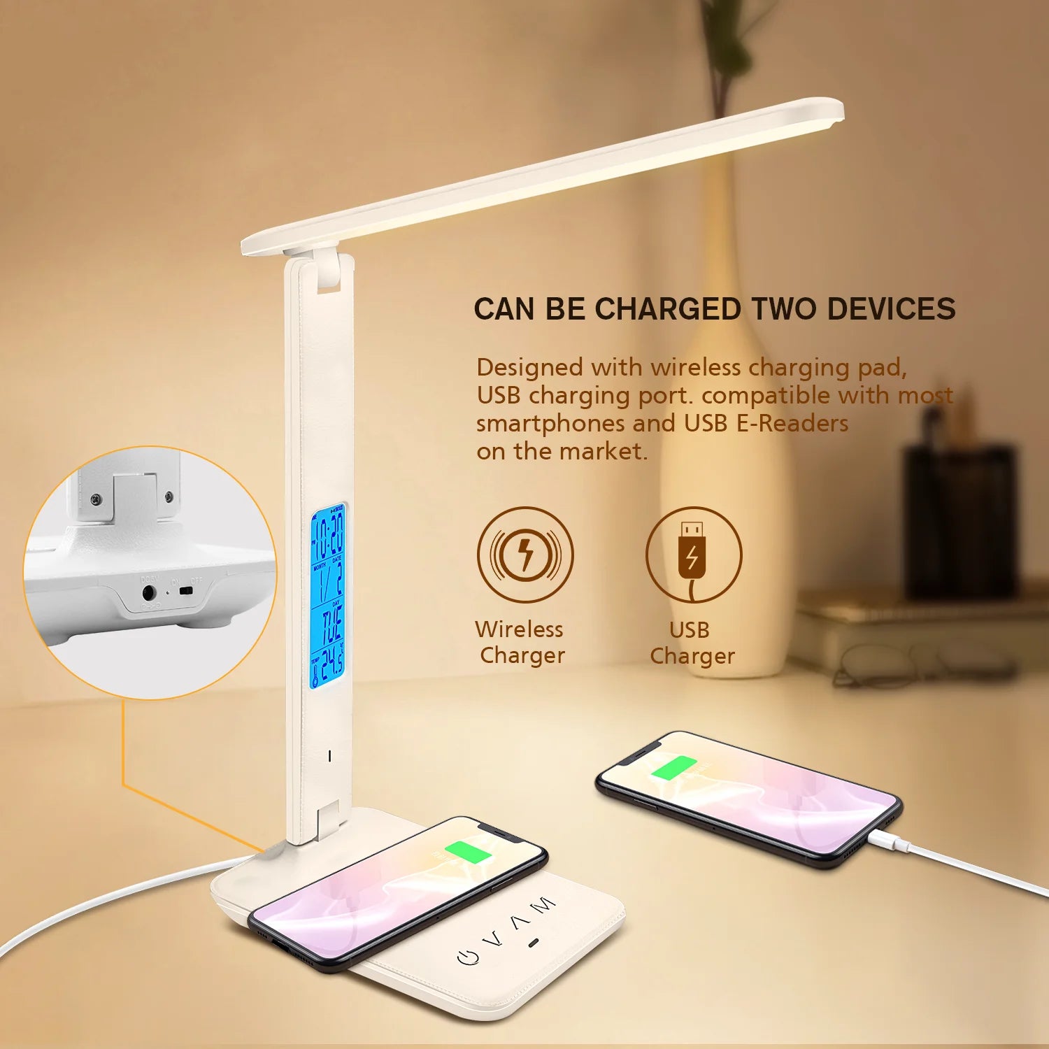 LAOPAO 10W QI Wireless Charging LED Desk Lamp USB Charging Port Sliding Dimmable Auto Timer with Night Light Table Lamp