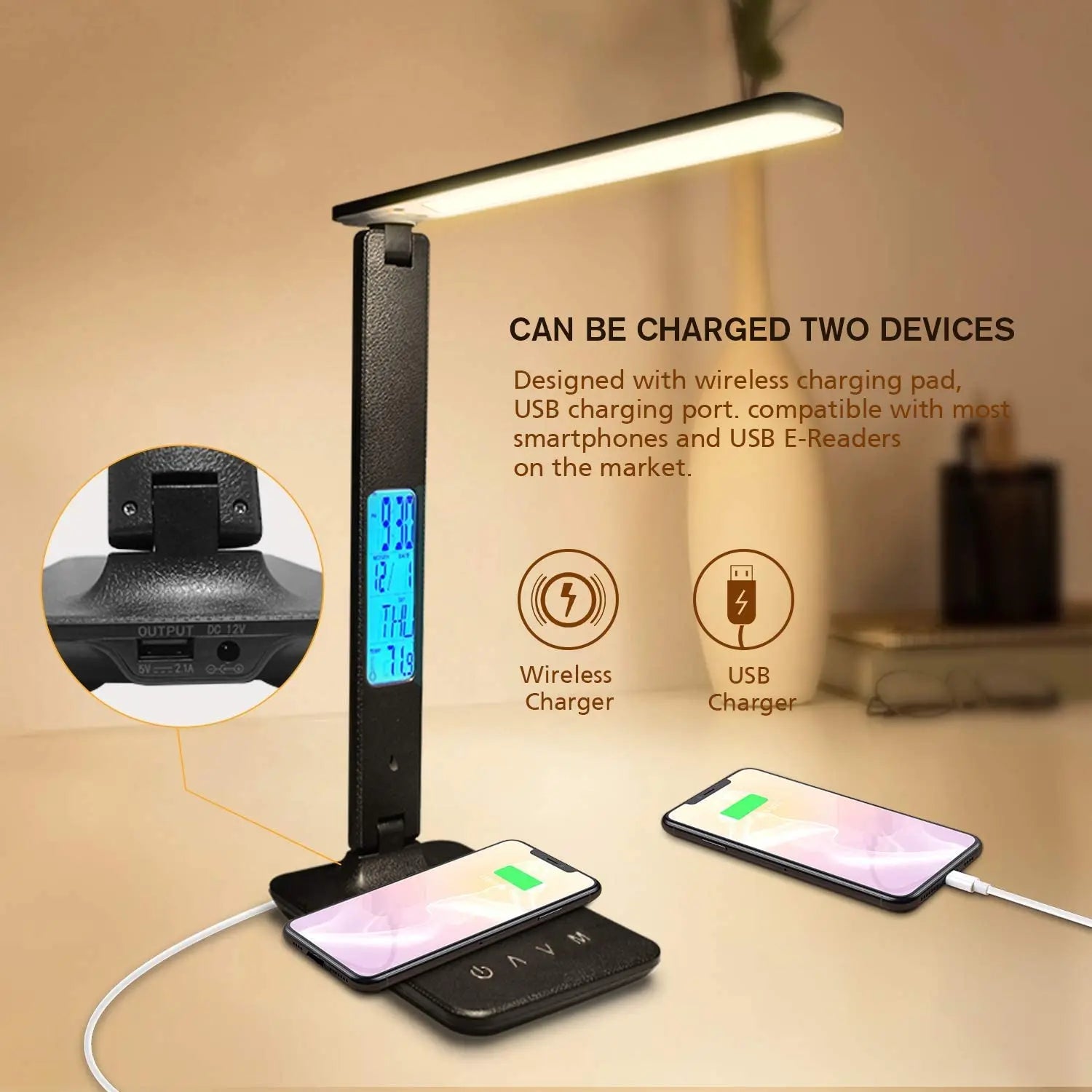 LAOPAO 10W QI Wireless Charging LED Desk Lamp USB Charging Port Sliding Dimmable Auto Timer with Night Light Table Lamp