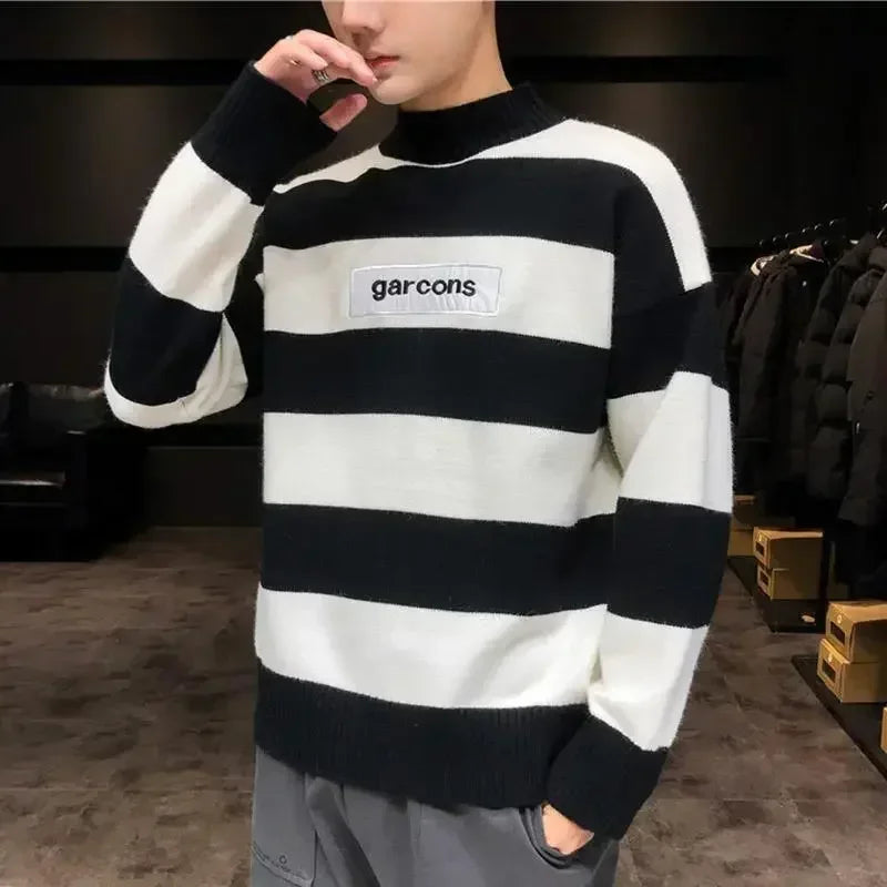 Men's Clothing Turtleneck Knit Sweater Male Pullovers Black High Collar Striped Old Korean Style Fun New in Knitwears Loose Fit