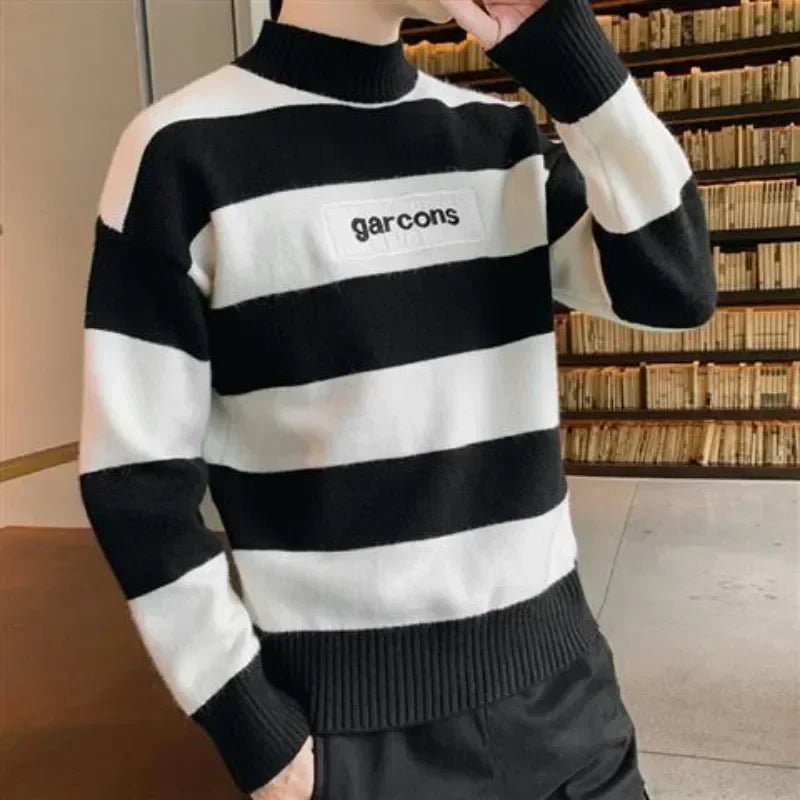 Men's Clothing Turtleneck Knit Sweater Male Pullovers Black High Collar Striped Old Korean Style Fun New in Knitwears Loose Fit