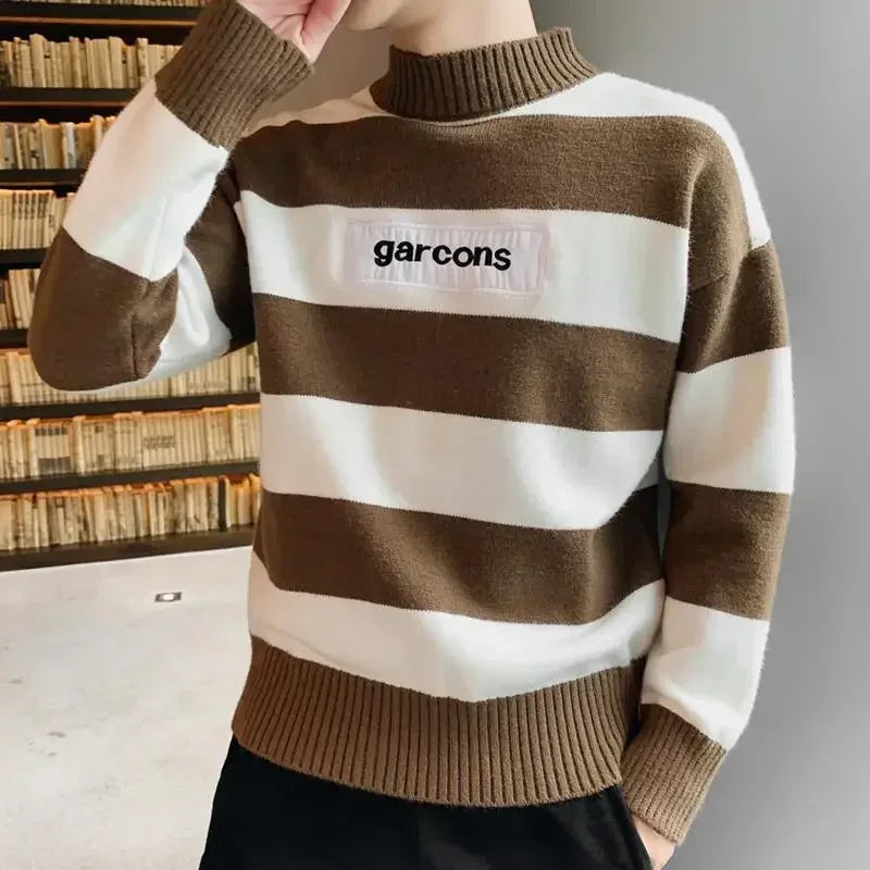 Men's Clothing Turtleneck Knit Sweater Male Pullovers Black High Collar Striped Old Korean Style Fun New in Knitwears Loose Fit