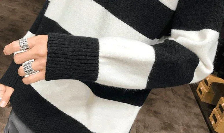 Men's Clothing Turtleneck Knit Sweater Male Pullovers Black High Collar Striped Old Korean Style Fun New in Knitwears Loose Fit