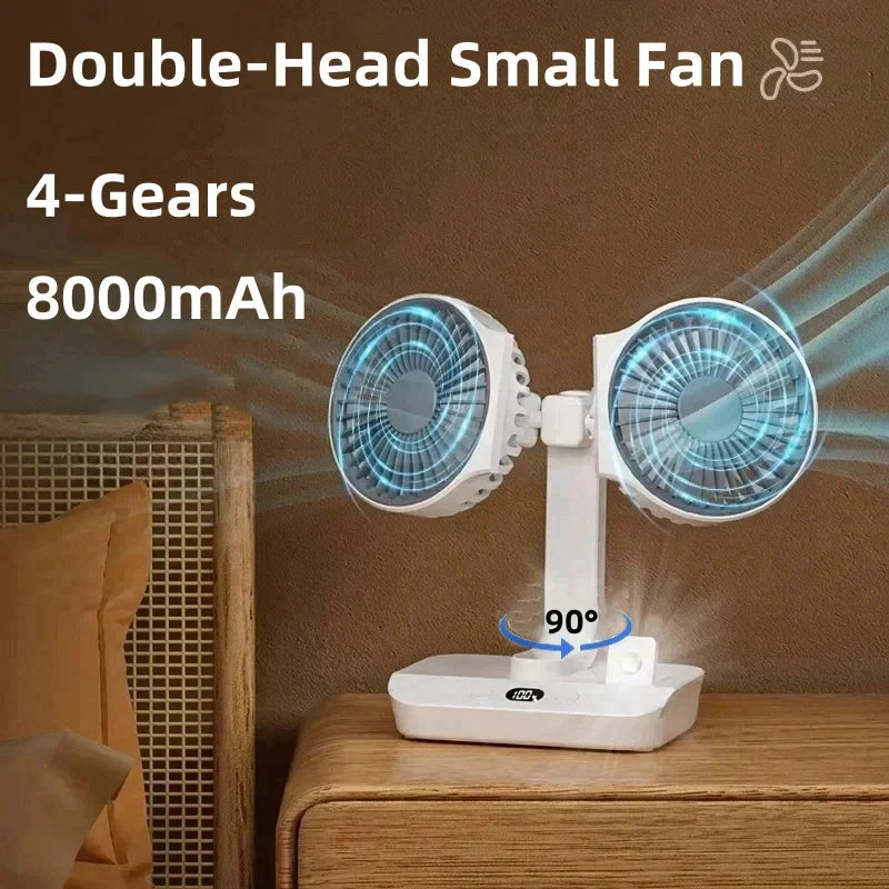 New Desktop Double Head Fan 4-Gears Wind Fast Cooling Digital Display 8000mAh Large Capacity Household Shaking Head Fan