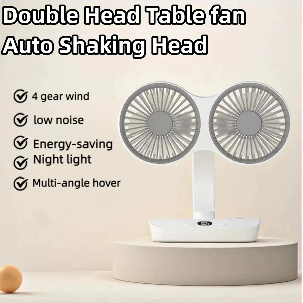 New Desktop Double Head Fan 4-Gears Wind Fast Cooling Digital Display 8000mAh Large Capacity Household Shaking Head Fan