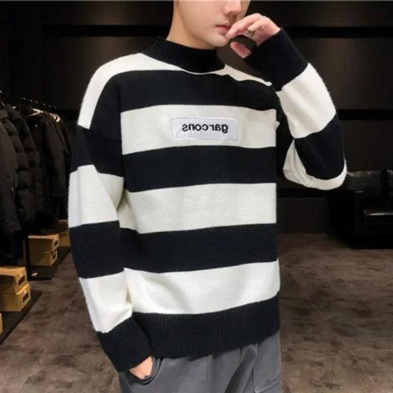 Men's Clothing Turtleneck Knit Sweater Male Pullovers Black High Collar Striped Old Korean Style Fun New in Knitwears Loose Fit