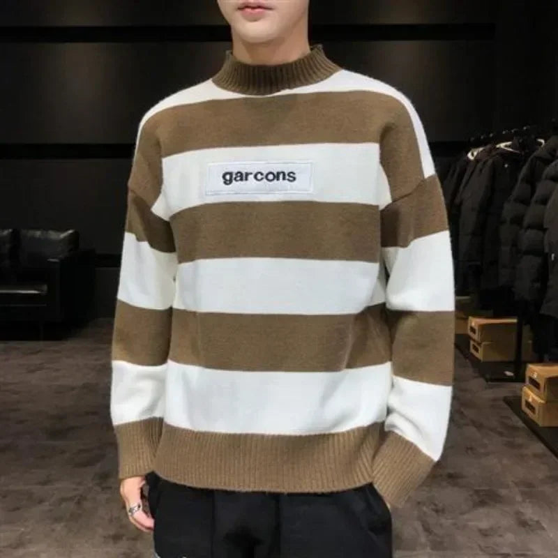 Men's Clothing Turtleneck Knit Sweater Male Pullovers Black High Collar Striped Old Korean Style Fun New in Knitwears Loose Fit