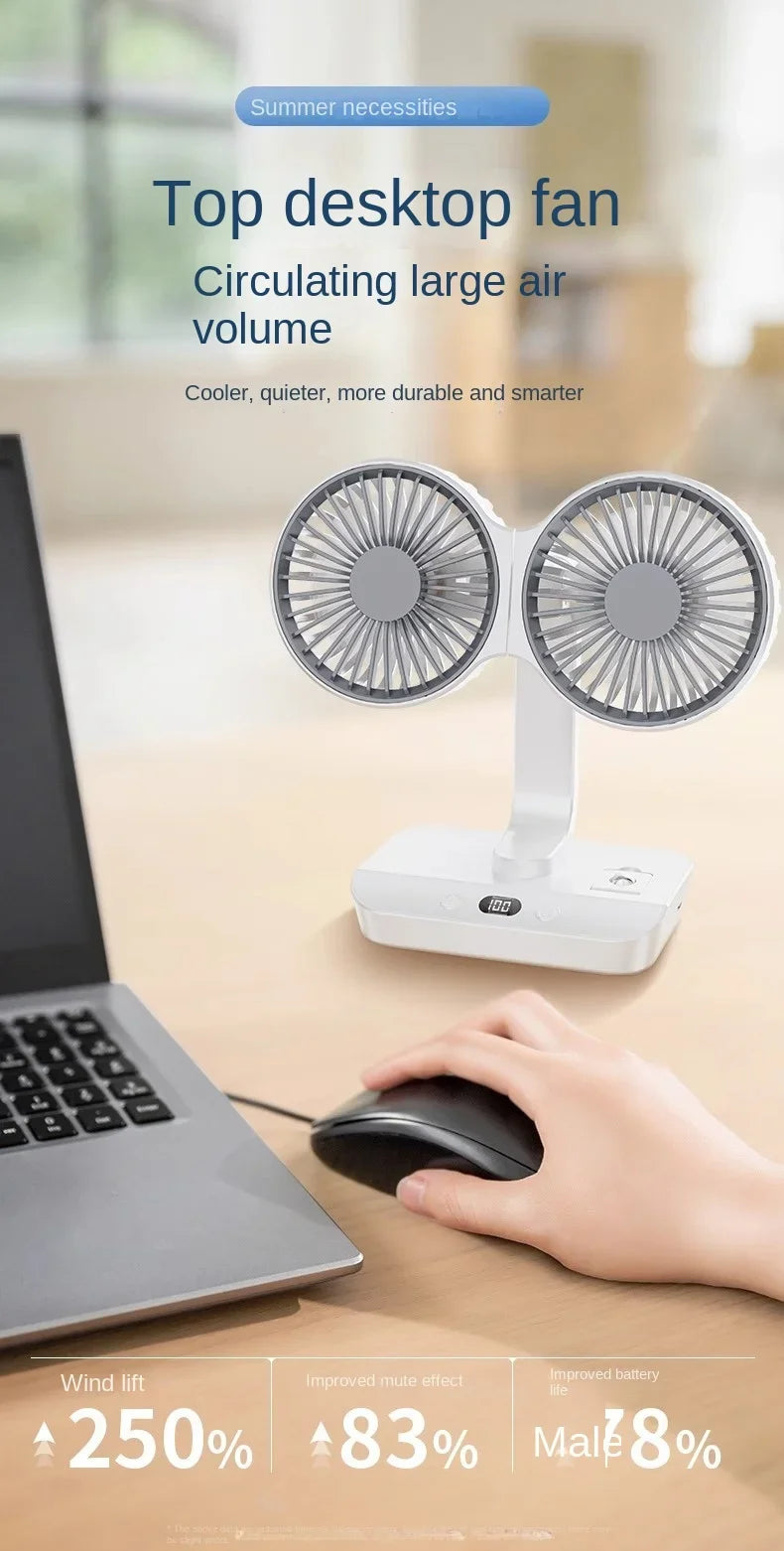 New Desktop Double Head Fan 4-Gears Wind Fast Cooling Digital Display 8000mAh Large Capacity Household Shaking Head Fan