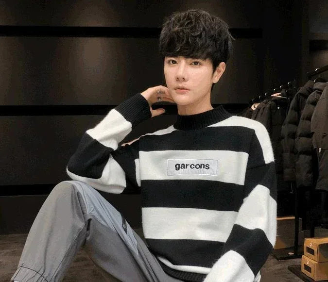 Men's Clothing Turtleneck Knit Sweater Male Pullovers Black High Collar Striped Old Korean Style Fun New in Knitwears Loose Fit