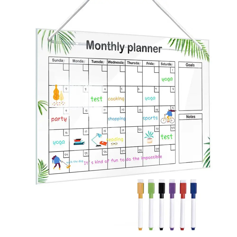 Monthly Calendar Whiteboard With 6 Pens Erasable Acrylic Transparent Board Hanging White Board Monthly Planner Notepad