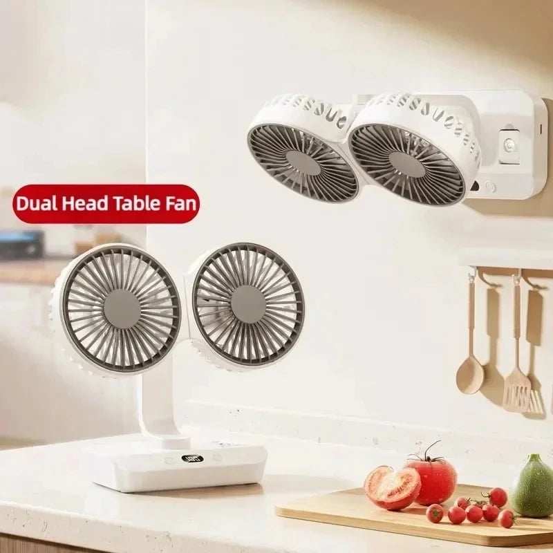 New Desktop Double Head Fan 4-Gears Wind Fast Cooling Digital Display 8000mAh Large Capacity Household Shaking Head Fan