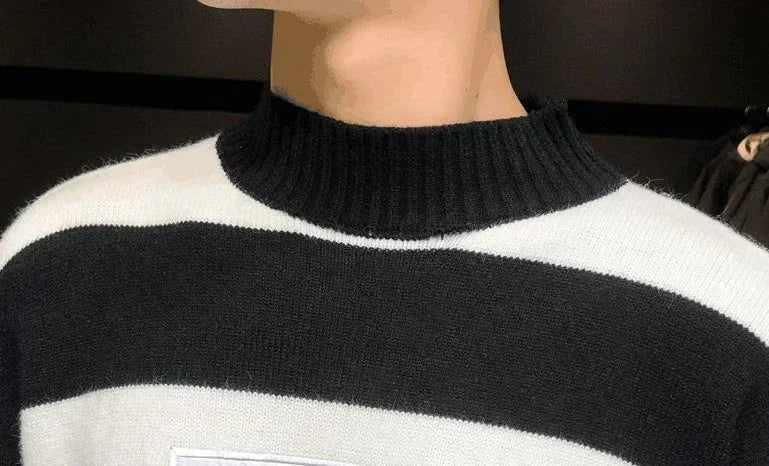 Men's Clothing Turtleneck Knit Sweater Male Pullovers Black High Collar Striped Old Korean Style Fun New in Knitwears Loose Fit