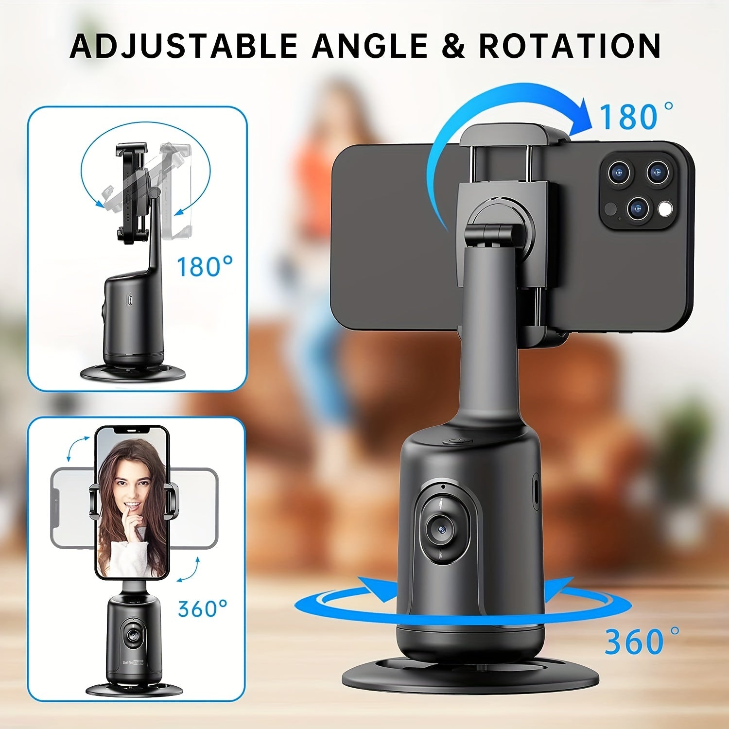 360 Rotation Portable All-in-One Smart Selfie Stick with Fast Face & Object Tracking, Rechargeable Battery, and Real-time Face Tracking for Smart Shooting