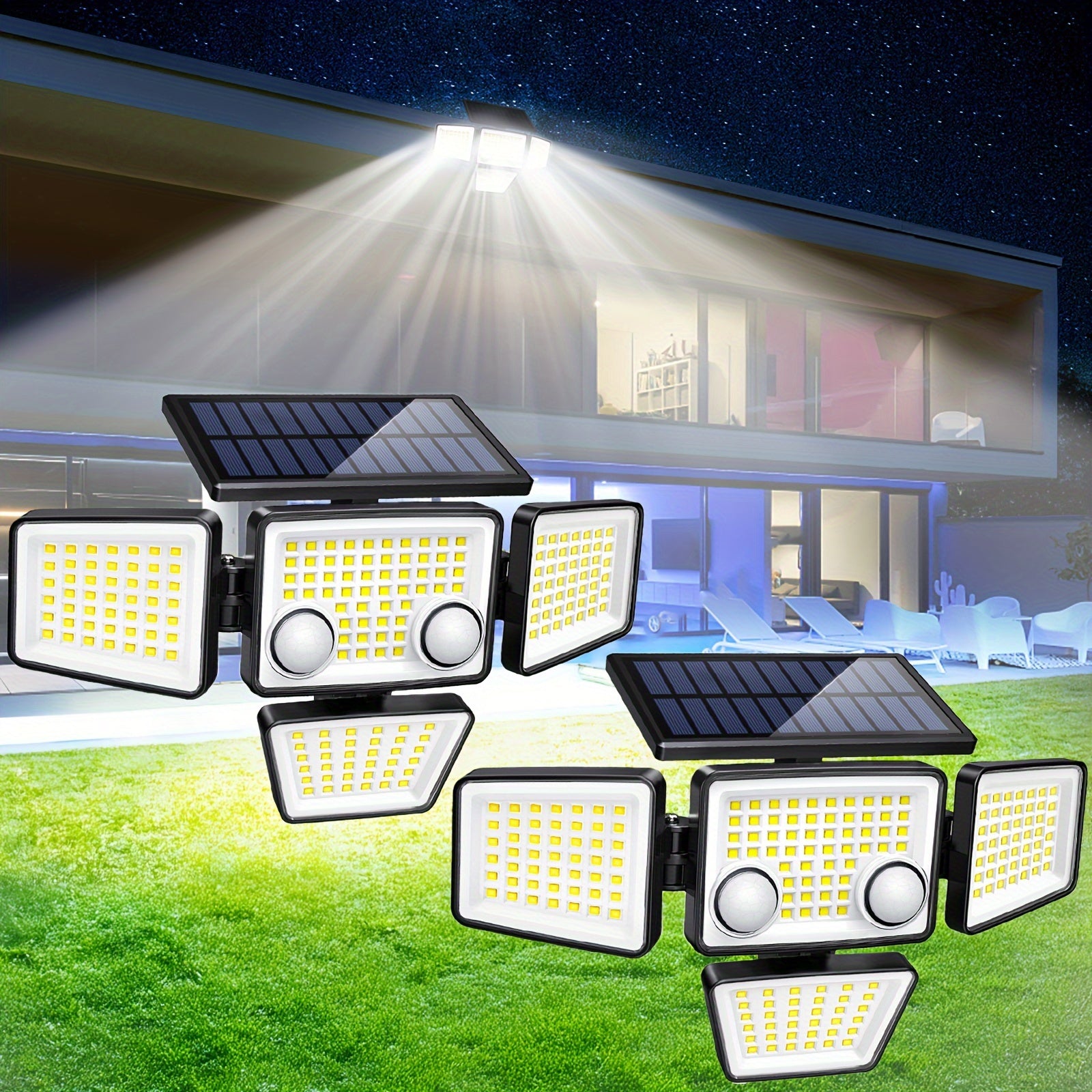 Solar Outdoor Lights - 3000LM 188 LED 4 Head Motion Sensor Light, IP65 Waterproof, Solar Flood Security Lights For Backyard, Patio, Garden - 2 Packs