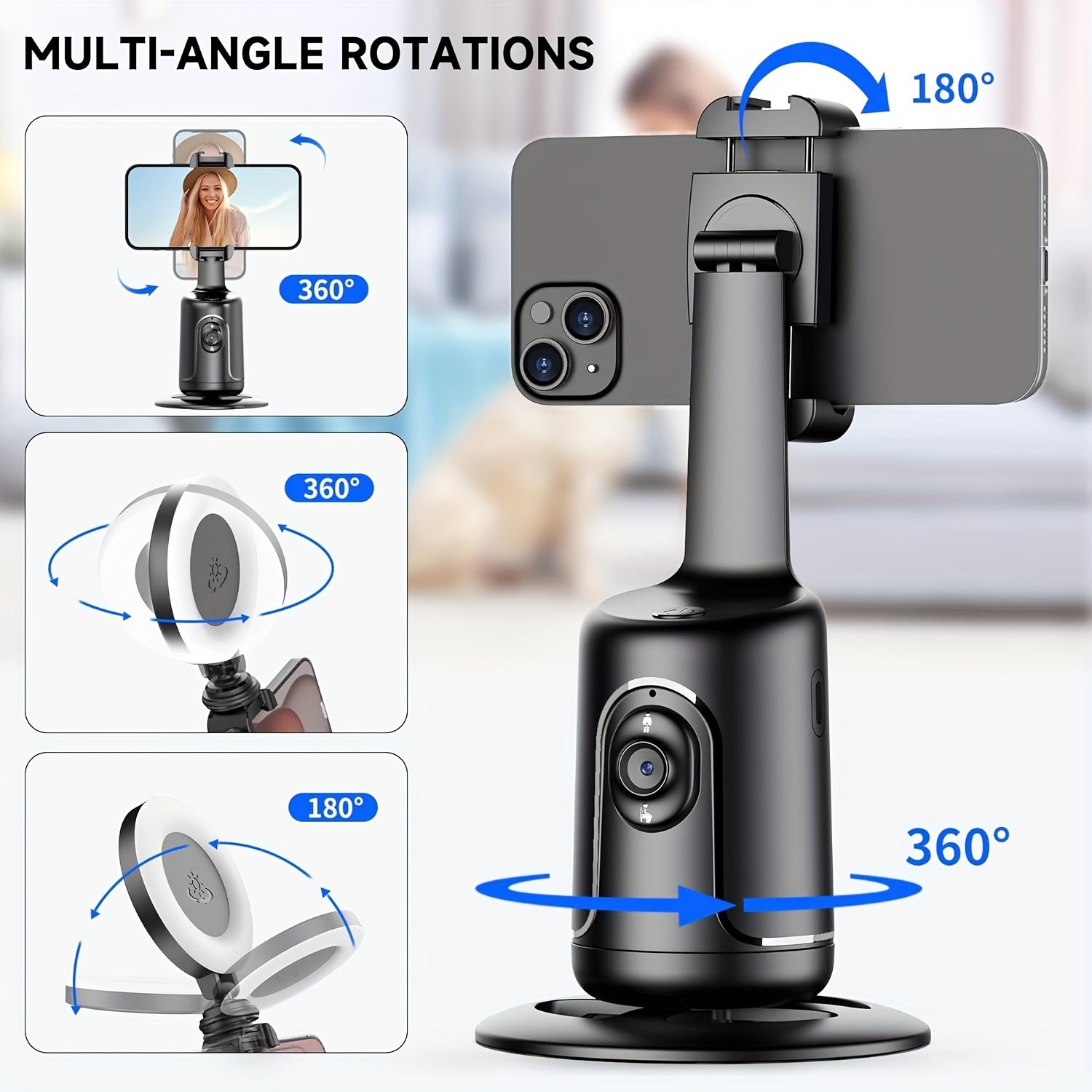 360 Rotation Portable All-in-One Smart Selfie Stick with Fast Face & Object Tracking, Rechargeable Battery, and Real-time Face Tracking for Smart Shooting